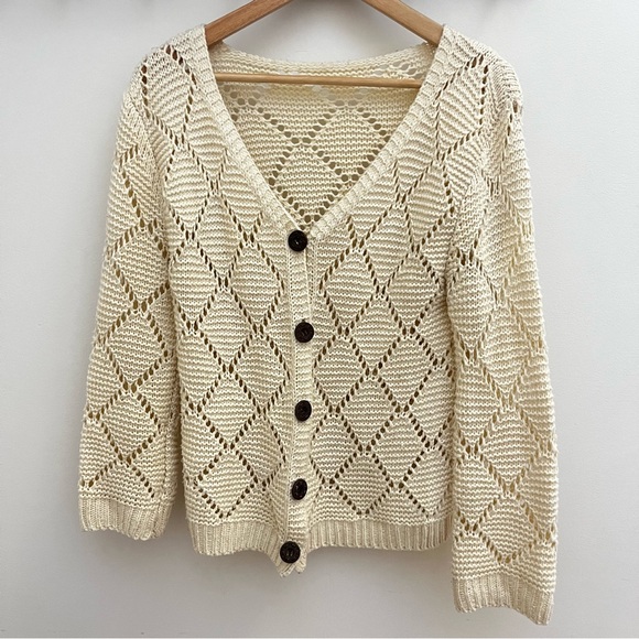 Sweaters - Elegant Cream Whimsy Crochet Open-Knit Lightweight Cardigan M